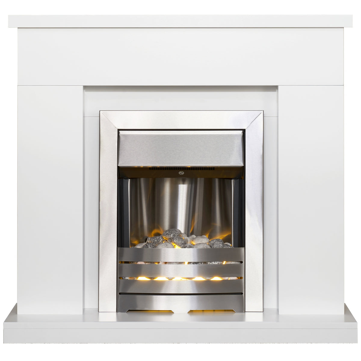Adam Lomond fireplace suite in pure white with Helios electric fire in brushed steel