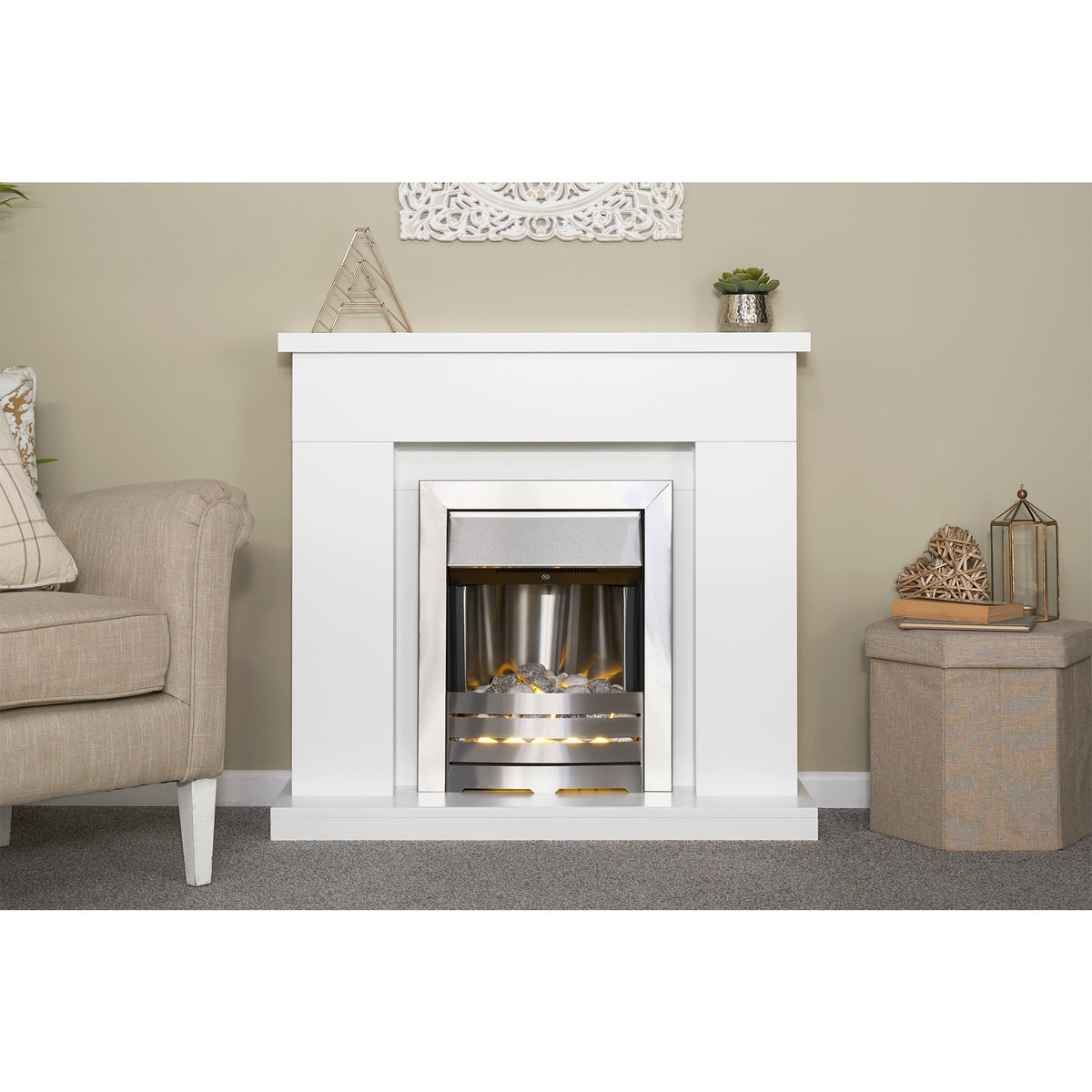 Adam Lomond pure white fireplace suite with Helios fire in a living room