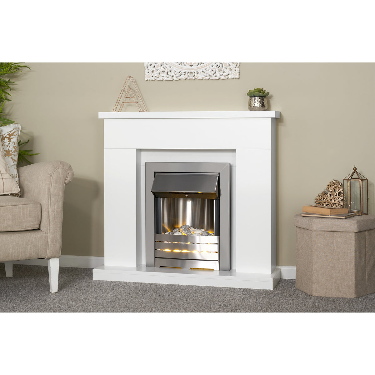 Adam Lomond fireplace suite in a living room, angled view