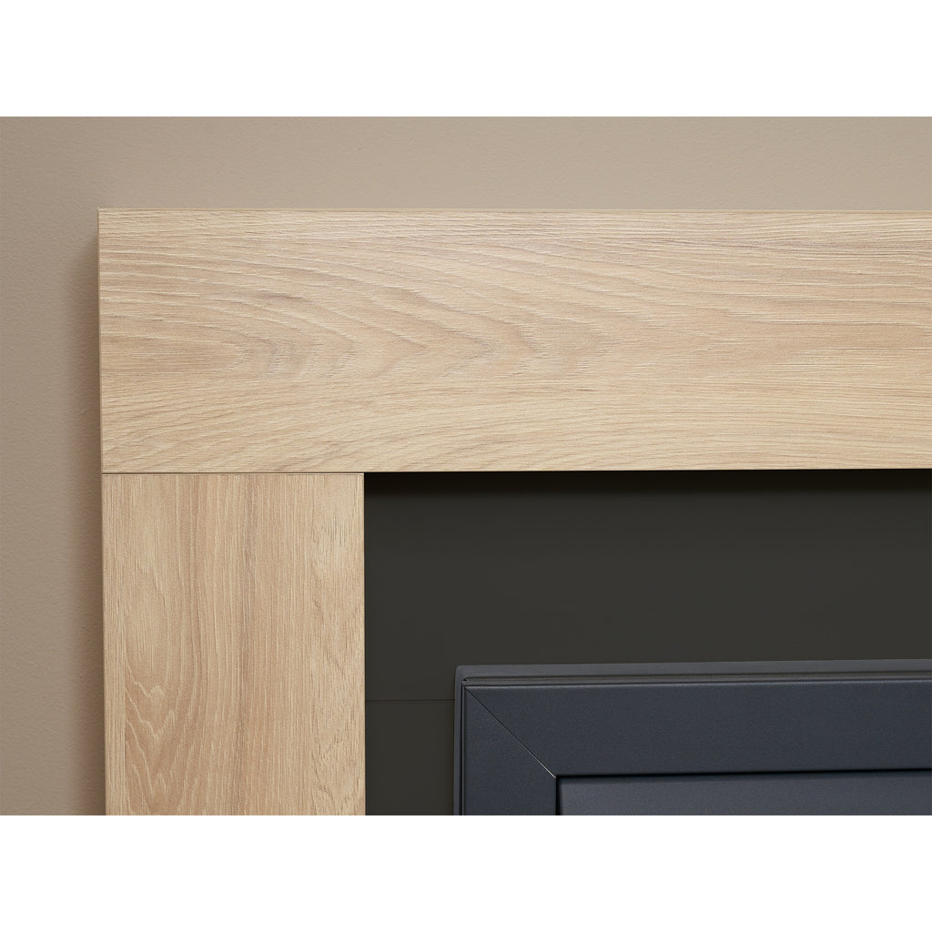 Close-up of the Adam Malmo oak mantelpiece with the black side of the back panel