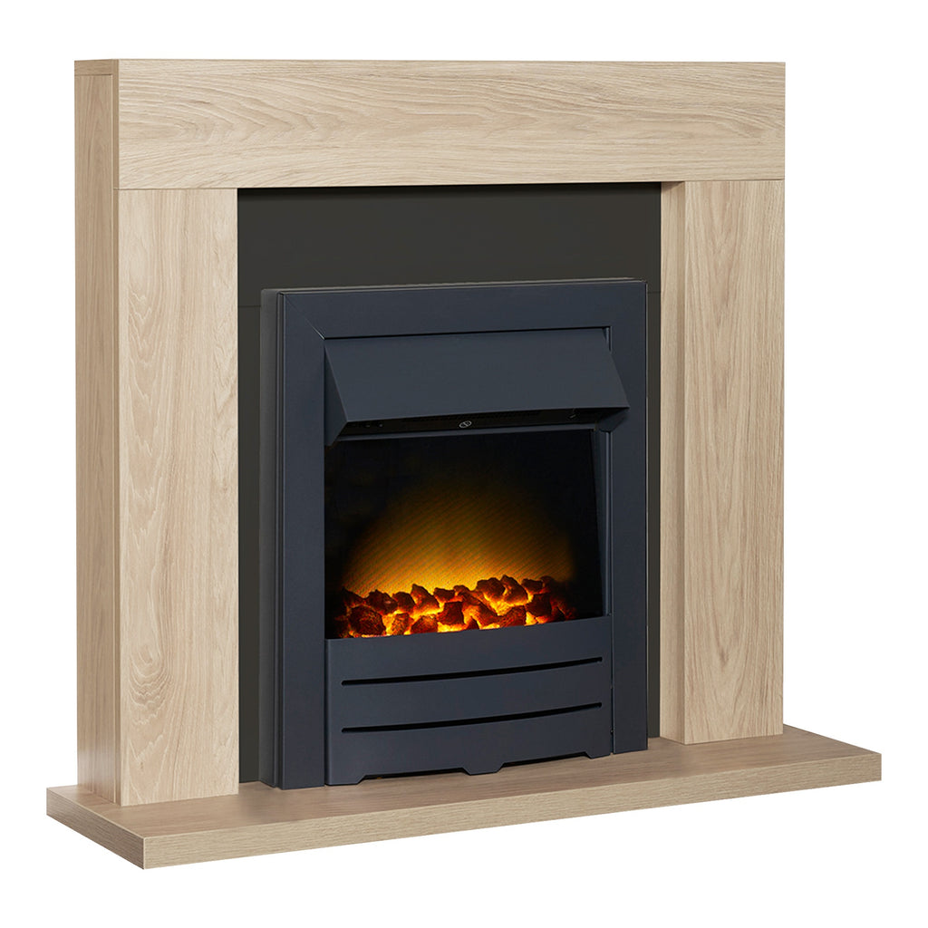 Adam Malmo oak and black fireplace suite with Colorado fire, angled view