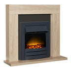Adam Malmo oak and black fireplace suite with Colorado fire, angled view