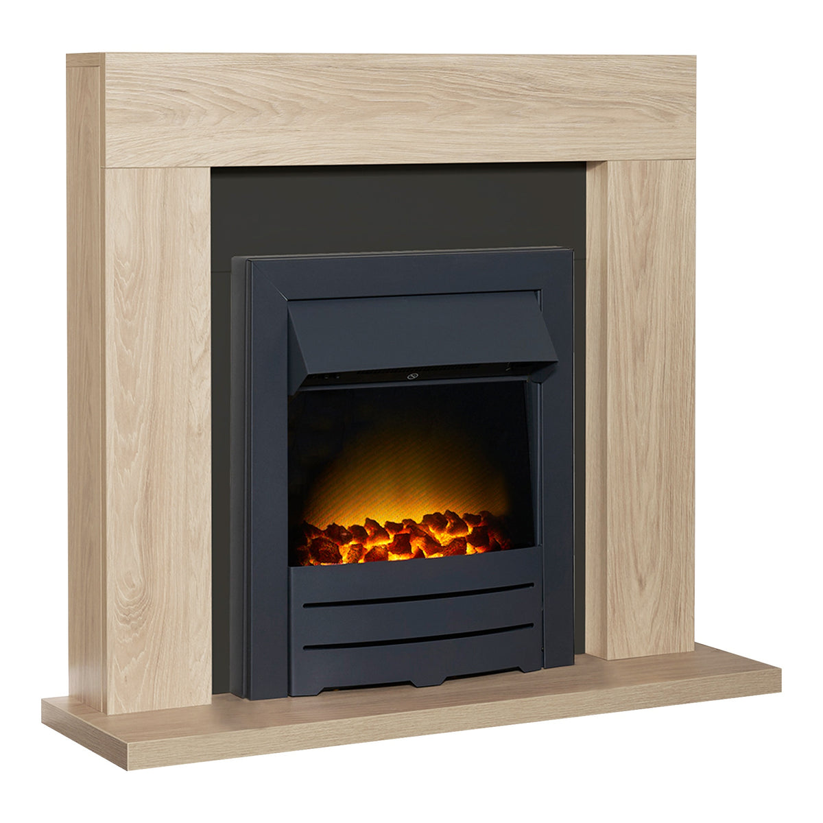 Adam Malmo oak and black fireplace suite with Colorado fire, angled view