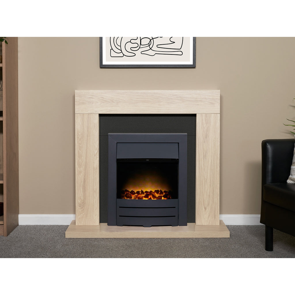 Adam Malmo oak and black fireplace suite with Colorado fire in a living room