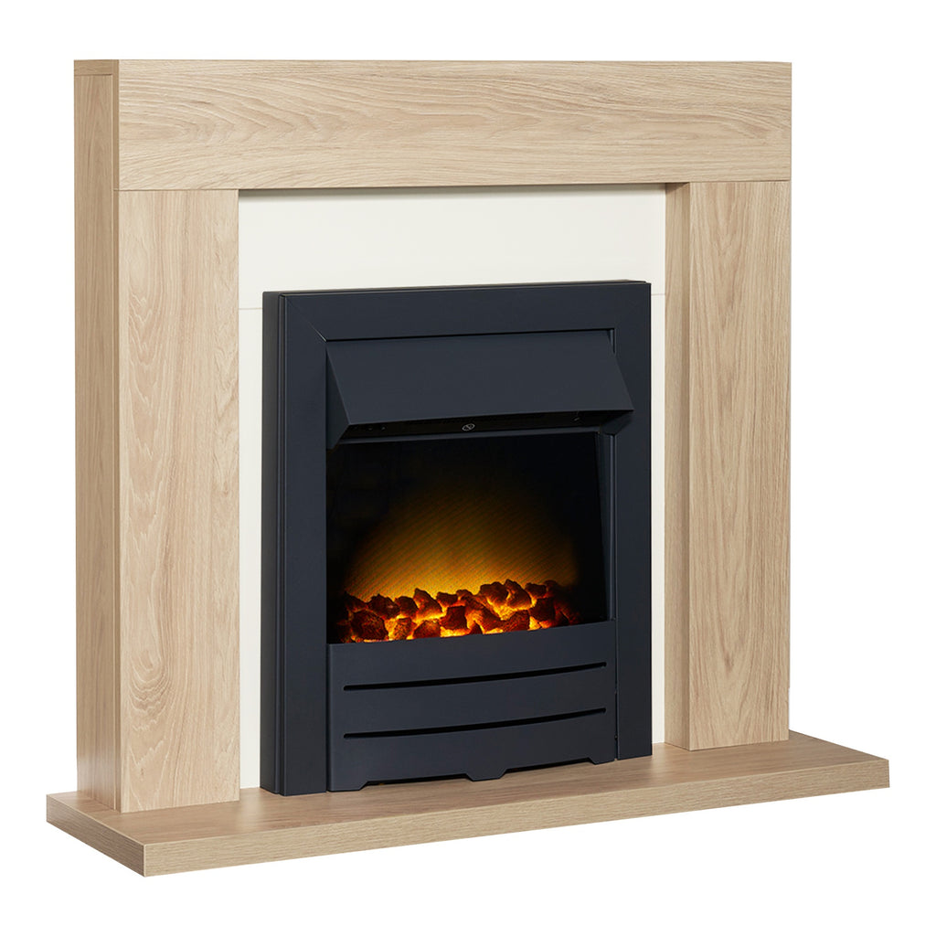 Adam Malmo oak and cream fireplace suite with Colorado fire, angled view