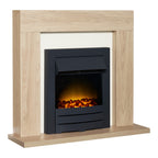 Adam Malmo oak and cream fireplace suite with Colorado fire, angled view