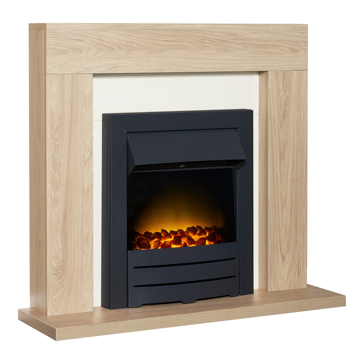 Adam Malmo oak and cream fireplace suite with Colorado fire, angled view