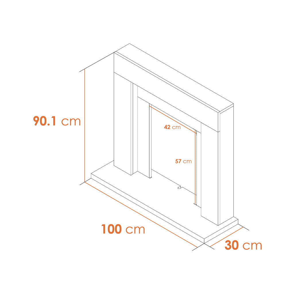 Adam Malmo fireplace suite outline drawing with main sizes in centimetres