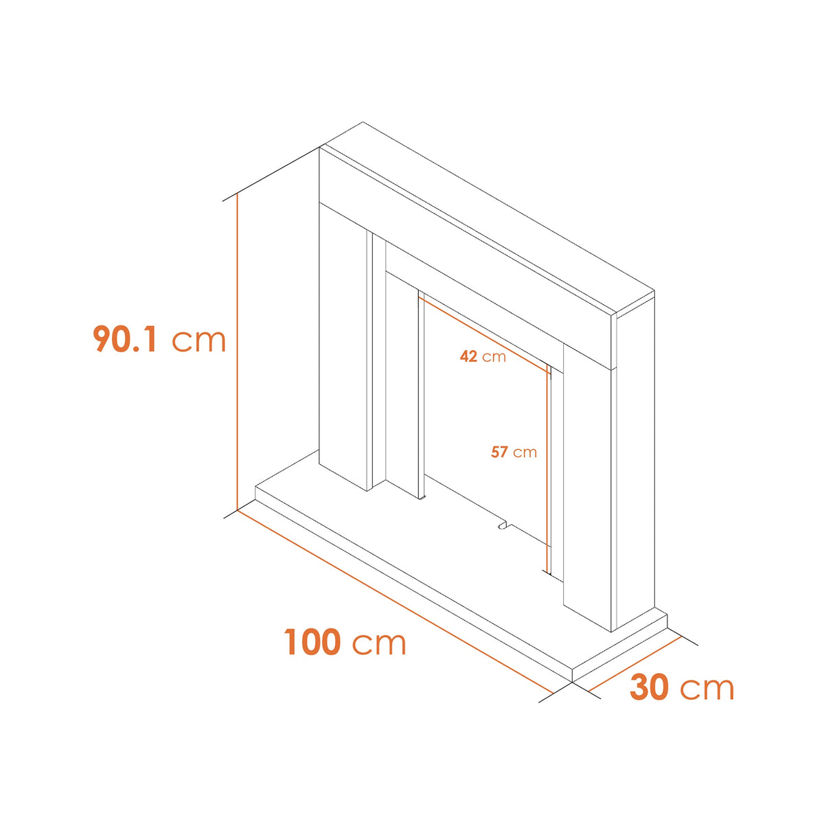 Adam Malmo fireplace suite outline drawing with main sizes in centimetres