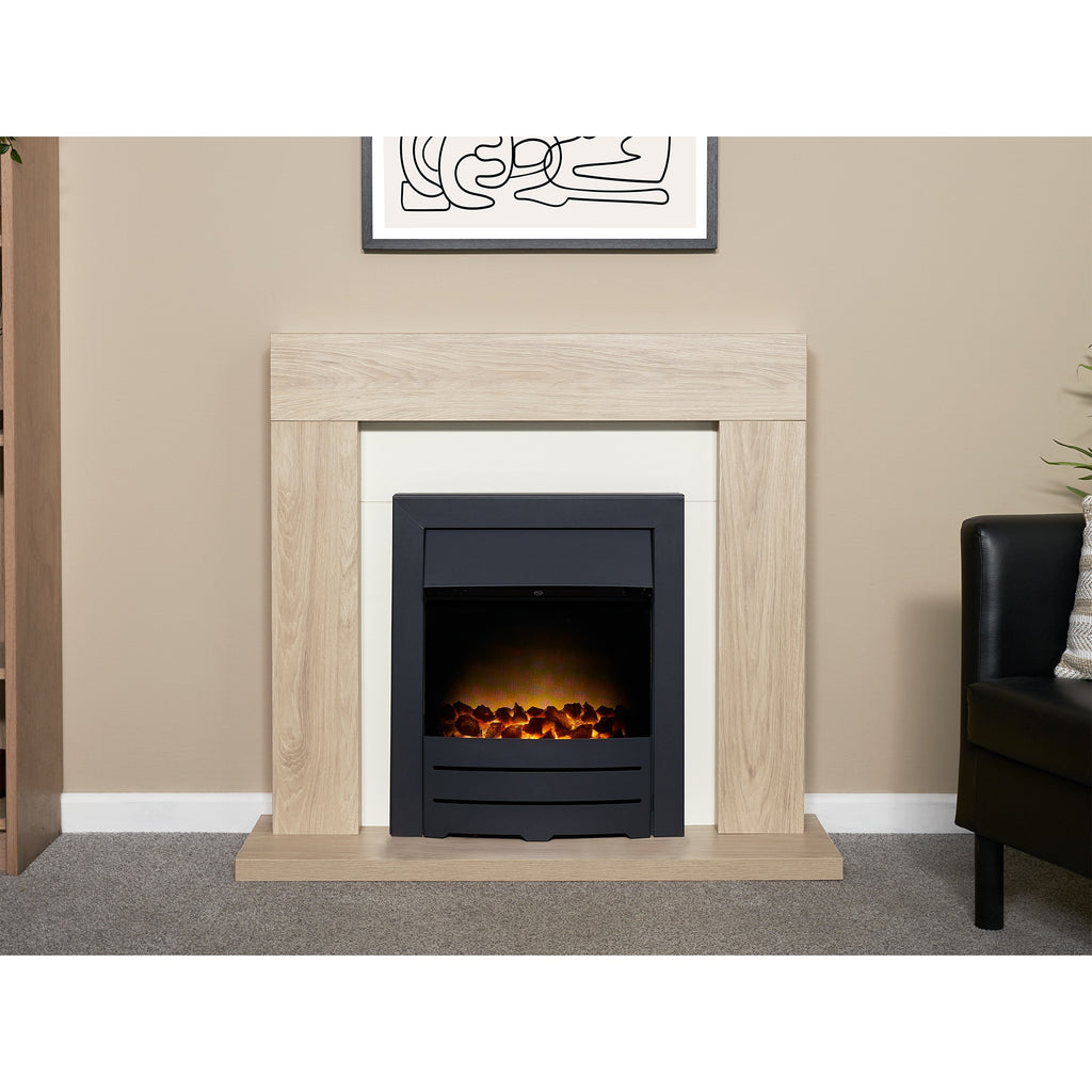 Adam Malmo oak and cream fireplace suite with Colorado fire in a living room