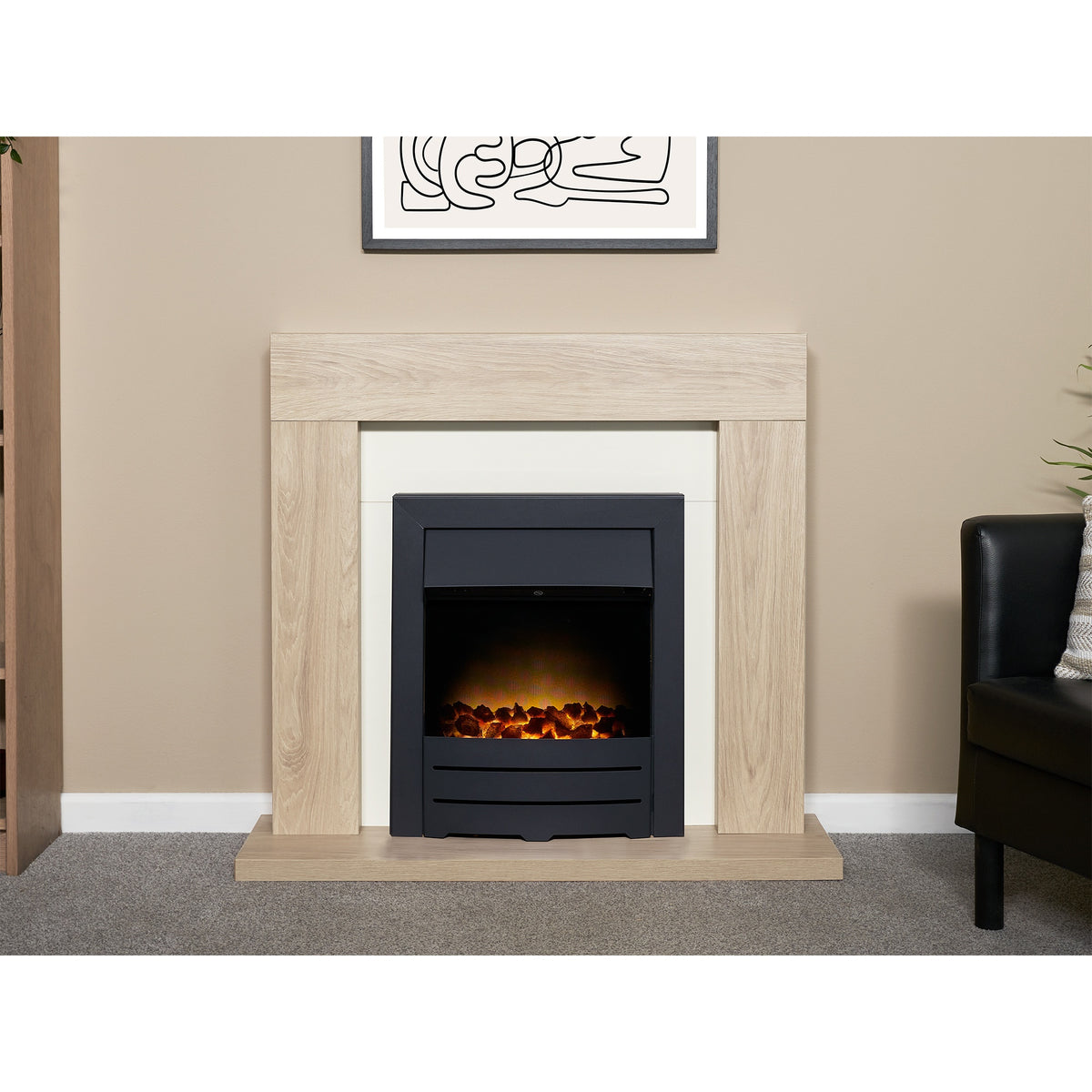 Adam Malmo oak and cream fireplace suite with Colorado fire in a living room