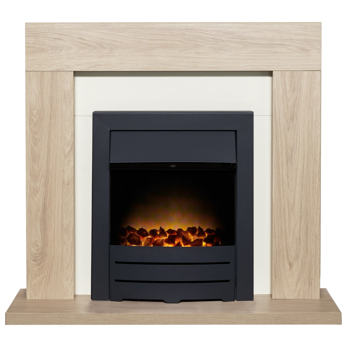 Adam Malmo fireplace suite in oak and cream with Colorado electric fire in black