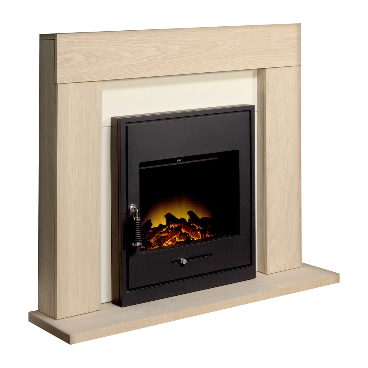 Adam Malmo oak and cream fireplace suite with Oslo inset stove, angled view