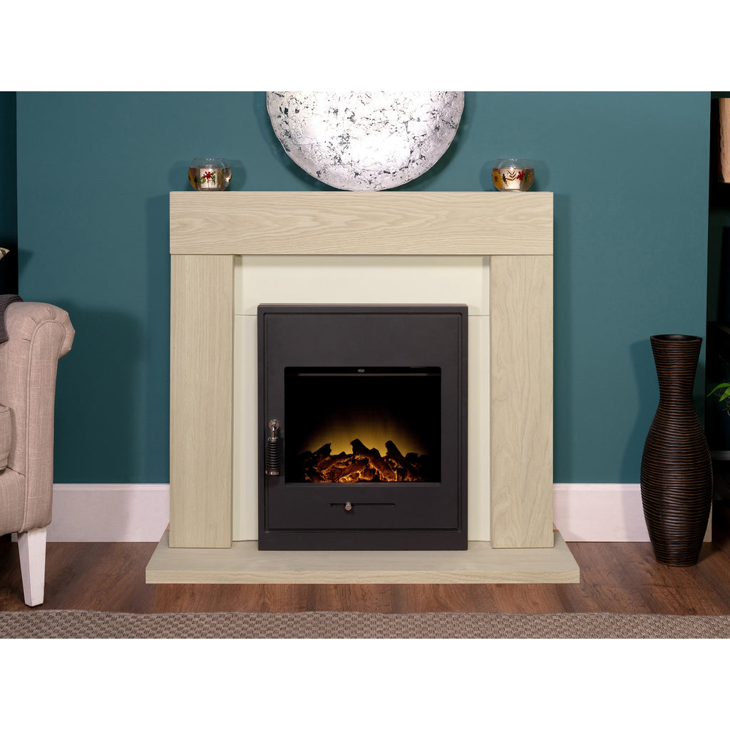 Adam Malmo oak and cream fireplace suite with Oslo inset stove in a living room