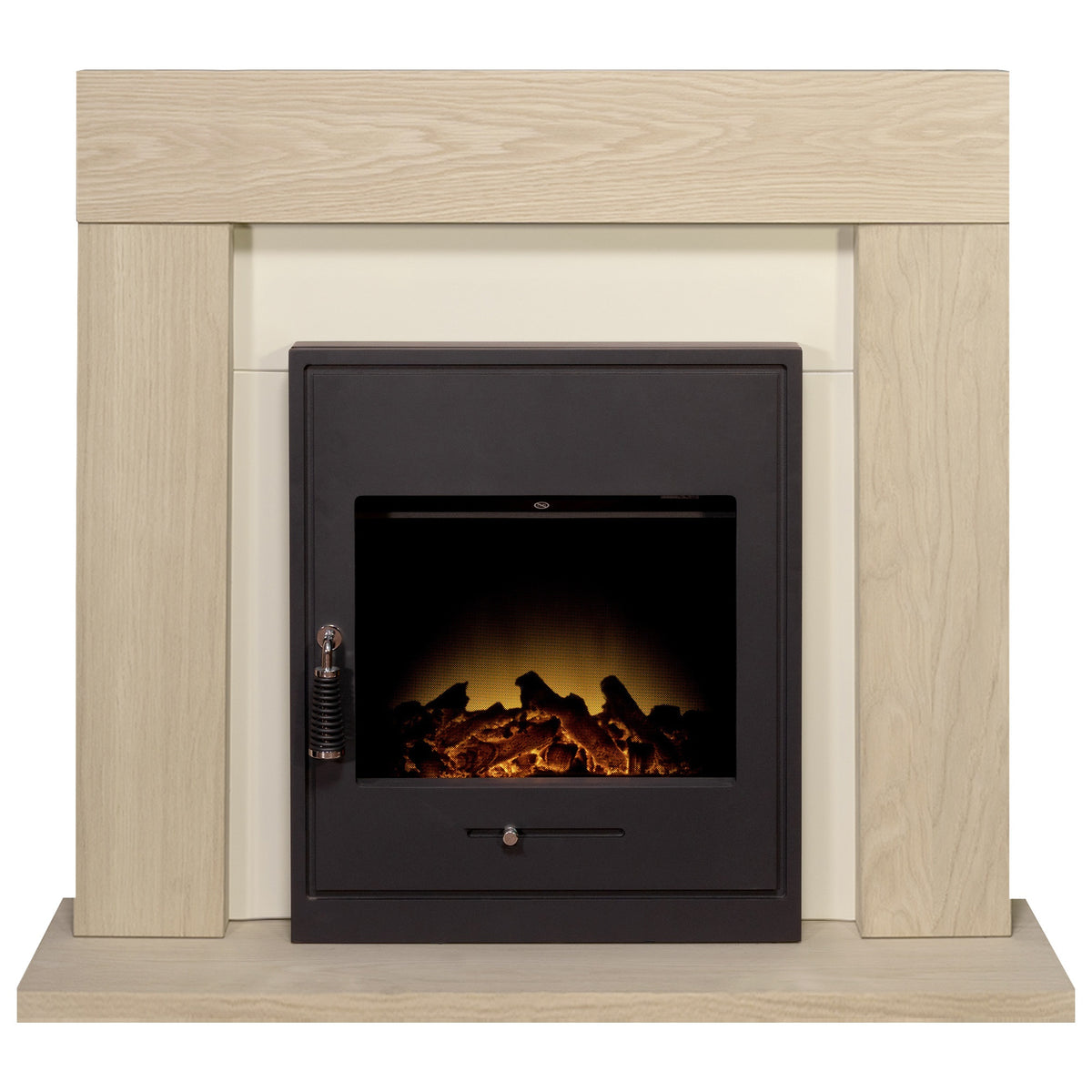Adam Malmo fireplace suite in oak and cream with Oslo electric inset stove in black