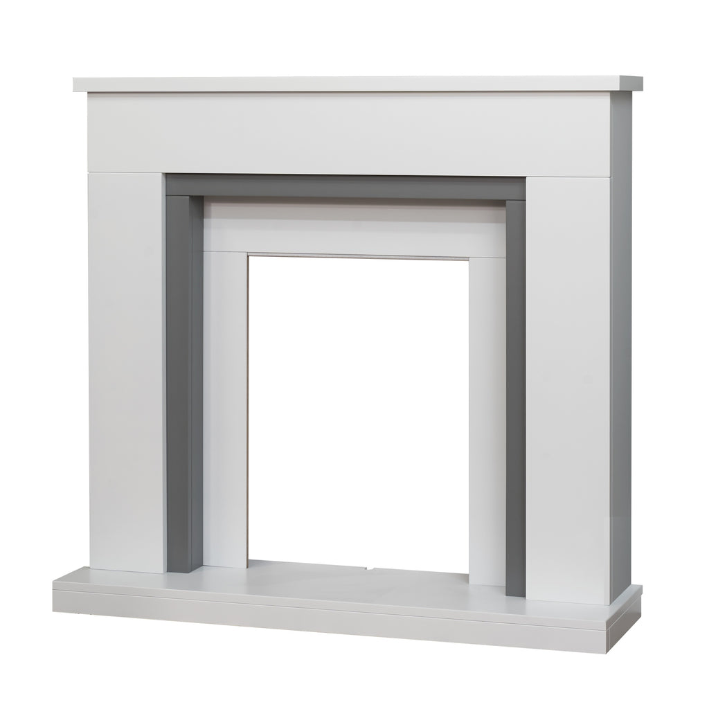Adam Milan fireplace surround in pure white and grey, angled view