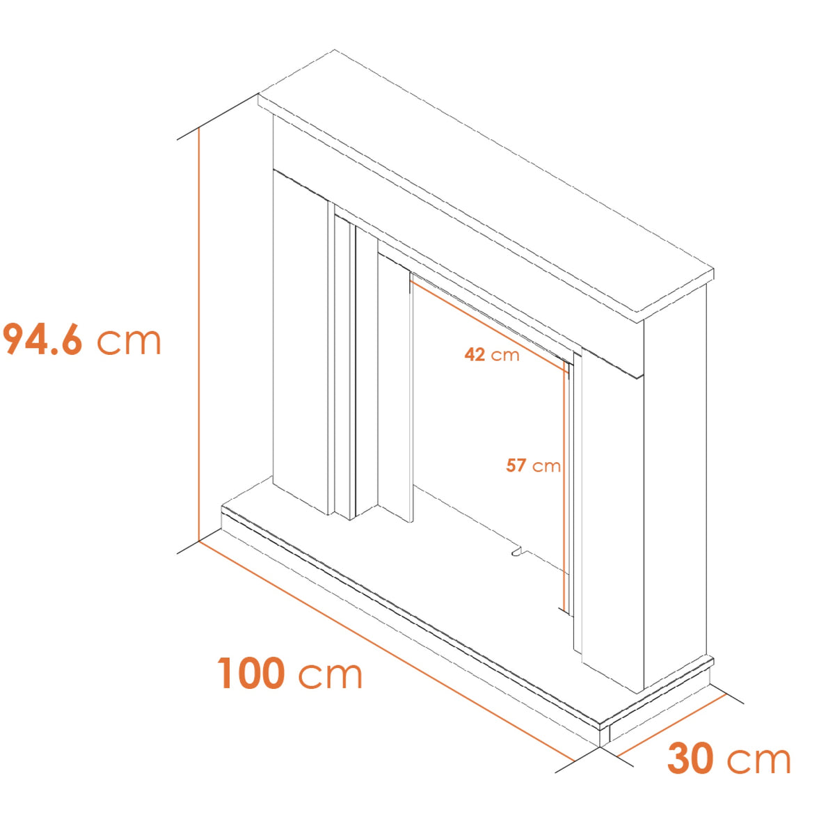 Adam Milan fireplace surround line drawing with height, width, depth and opening sizes