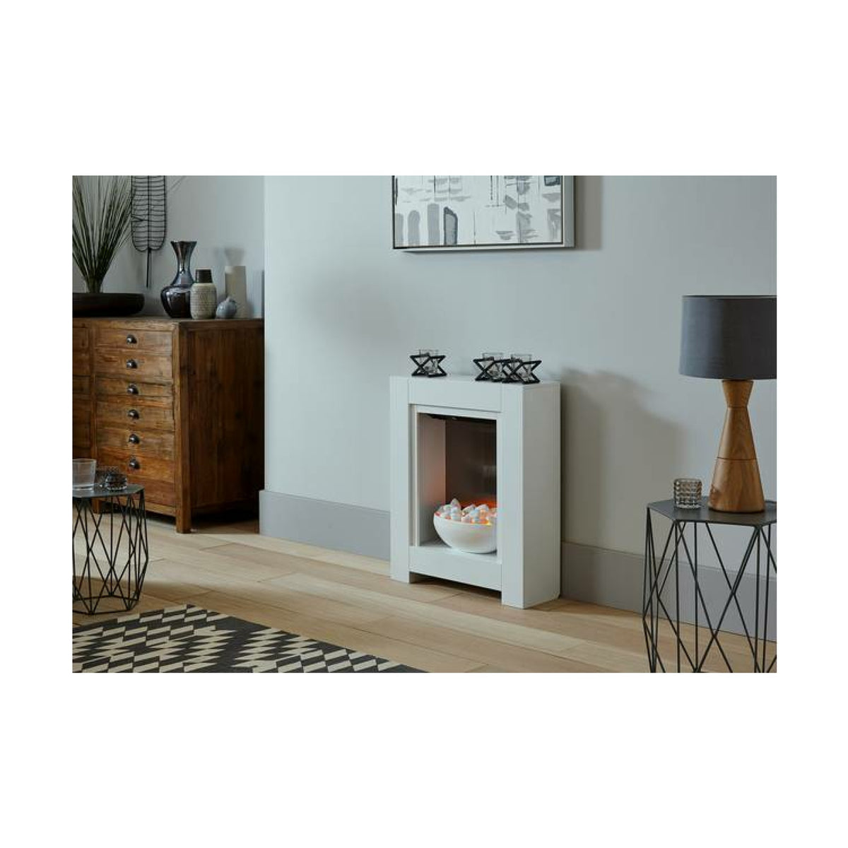 Adam Monet pure white electric fireplace suite in a grey living room