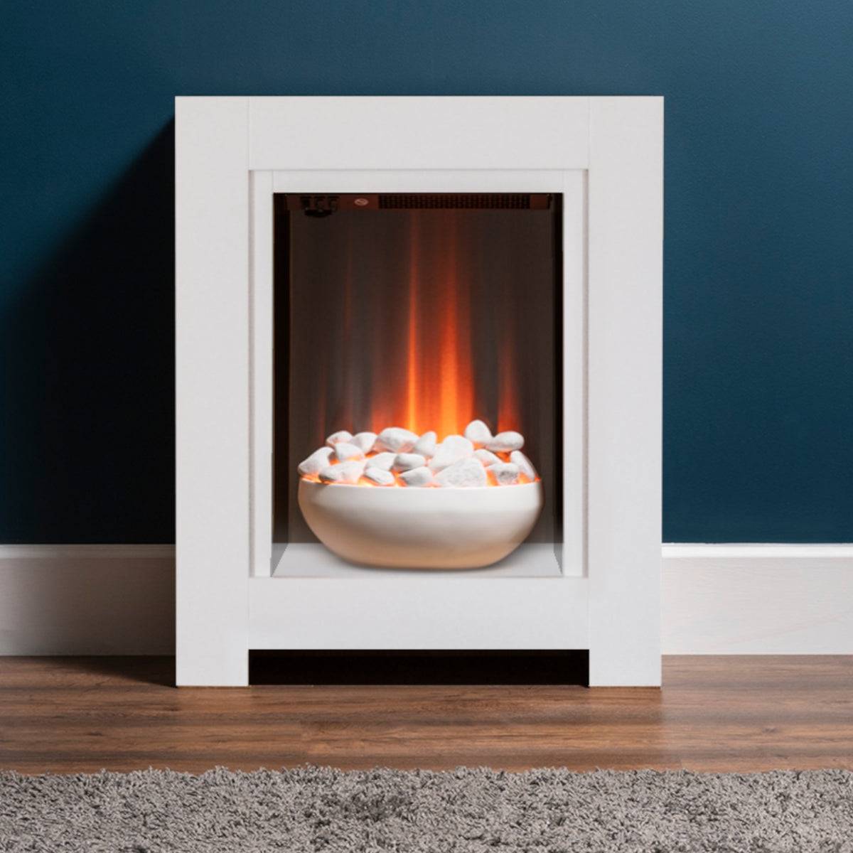 Adam Monet pure white electric fireplace suite in a room setting, closer view
