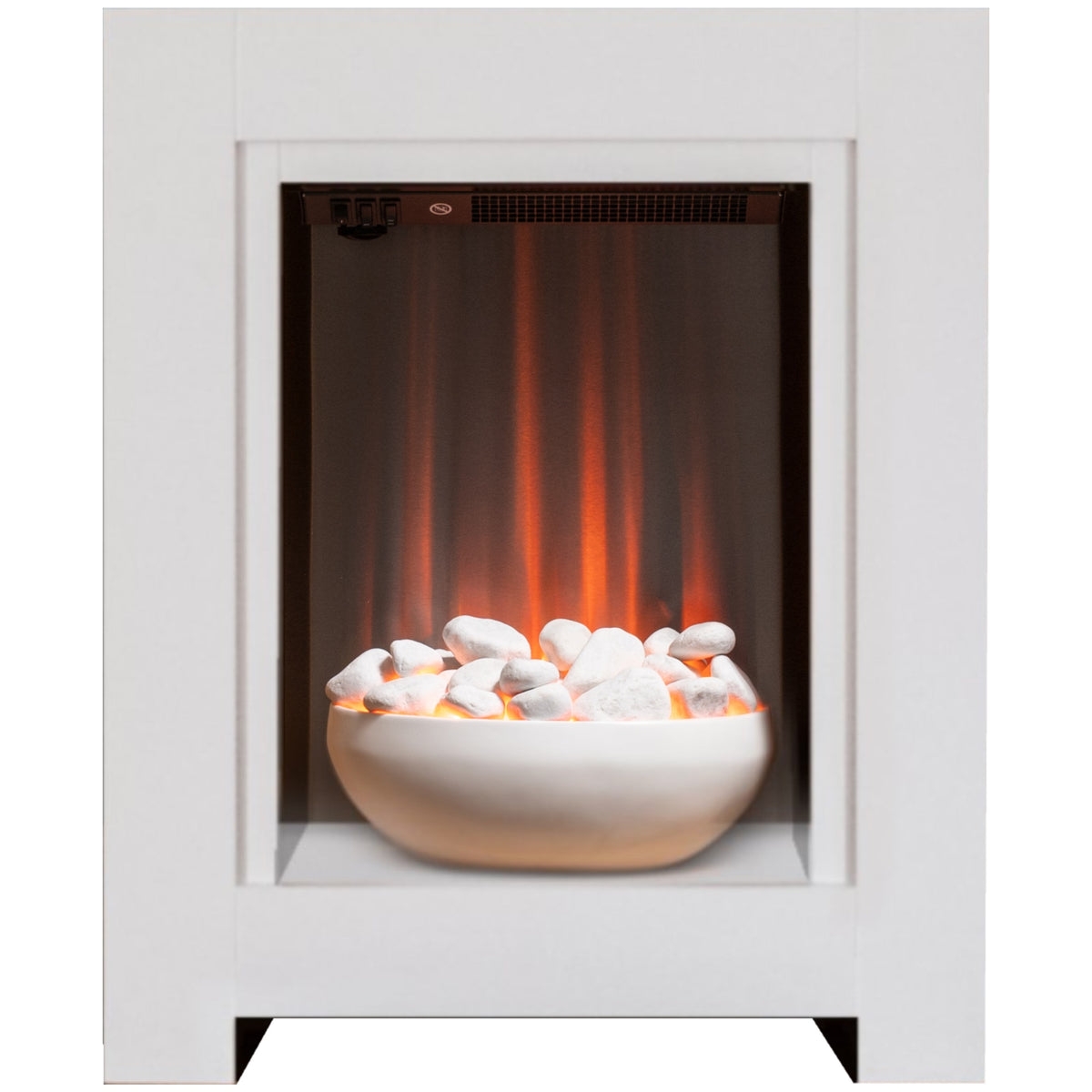 Adam Monet electric fireplace suite in pure white, front view with the fire on