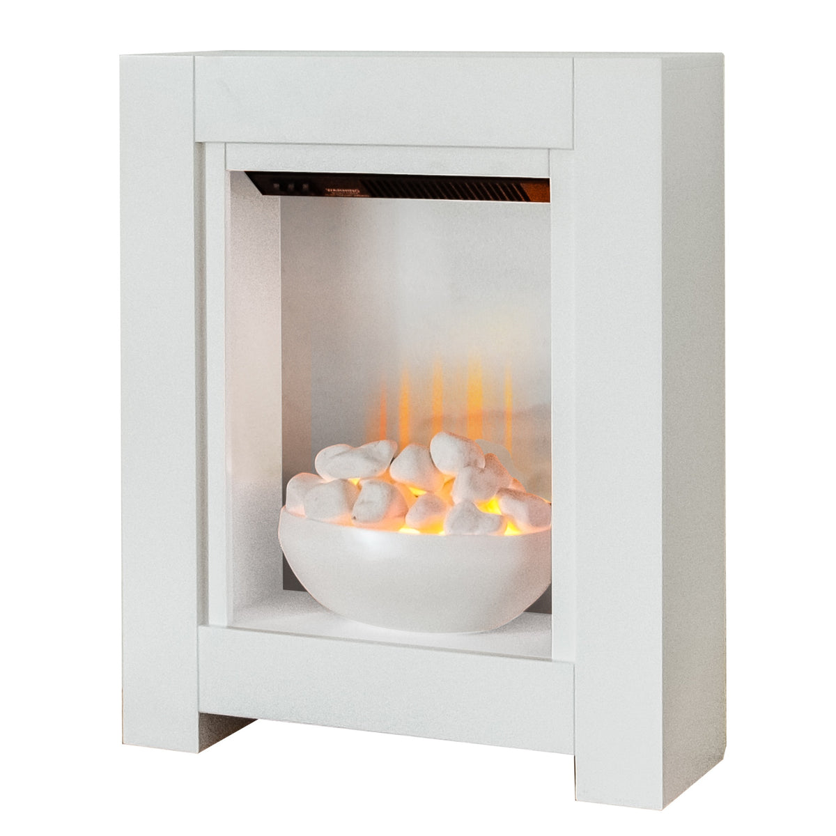 Adam Monet electric fireplace suite in pure white, angled view