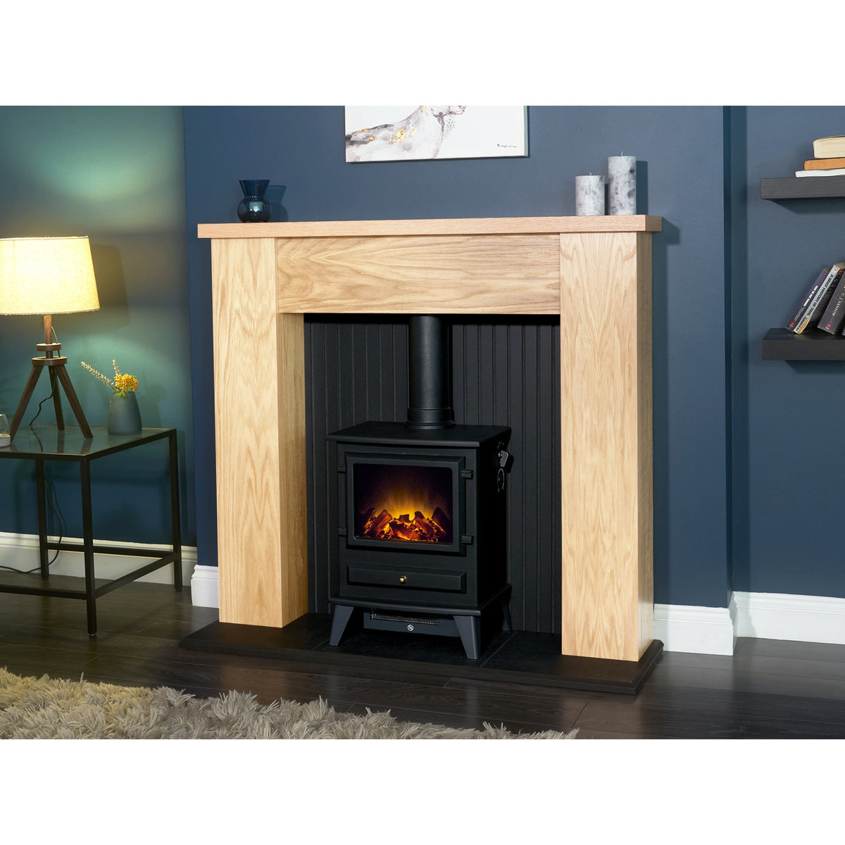 Adam New England fireplace with Hudson electric stove in a living room