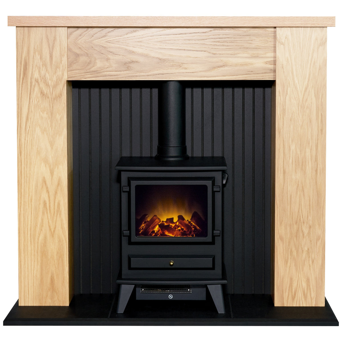 Adam New England fireplace in oak and black with Hudson electric stove, front view