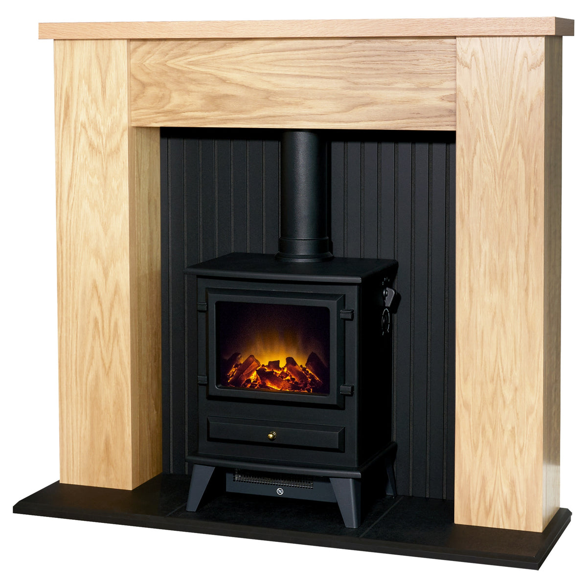 Adam New England oak and black fireplace with Hudson electric stove, angled view