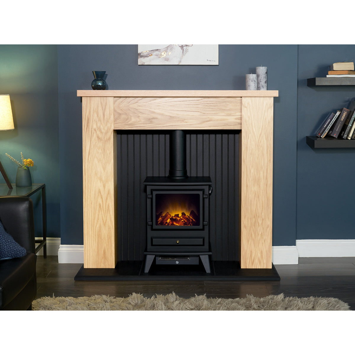 Adam New England oak and black fireplace and Hudson stove, room setting