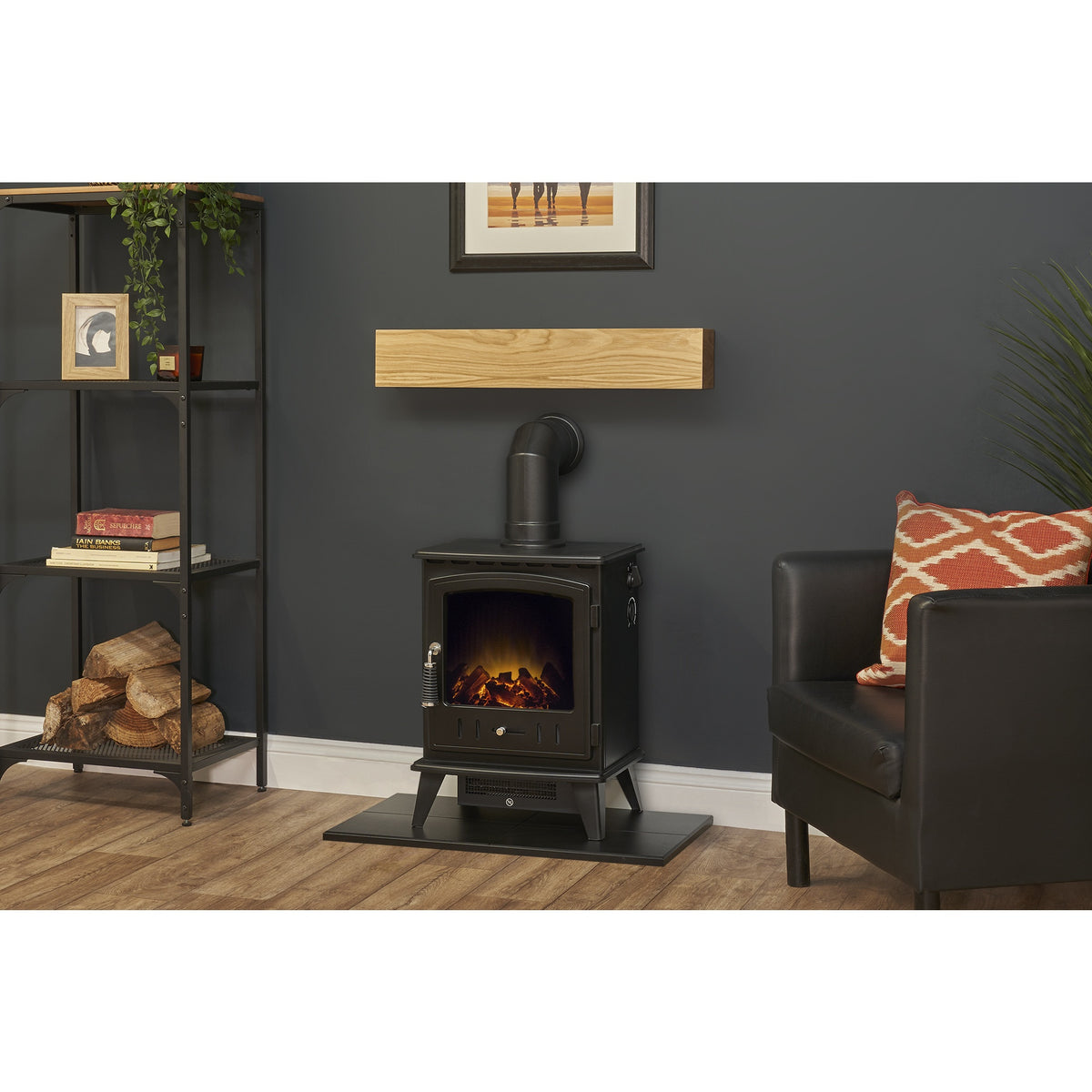 Adam oak effect beam, black hearth and angled stove pipe with Aviemore electric stove in black