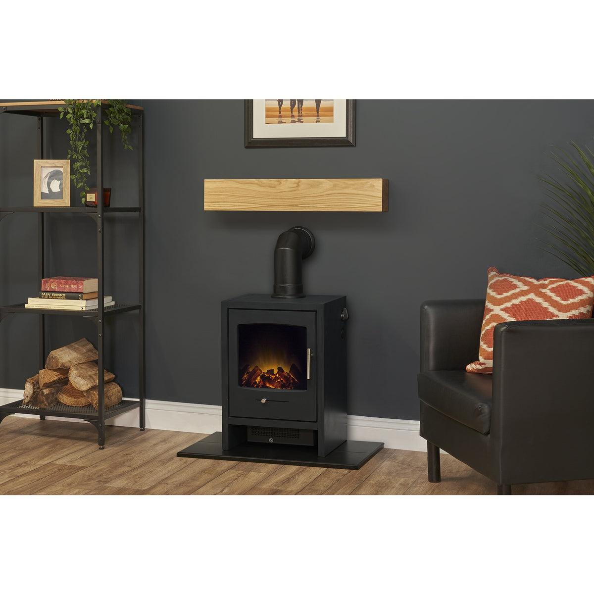 Adam oak effect beam, black hearth and angled stove pipe with Bergen electric stove in charcoal grey