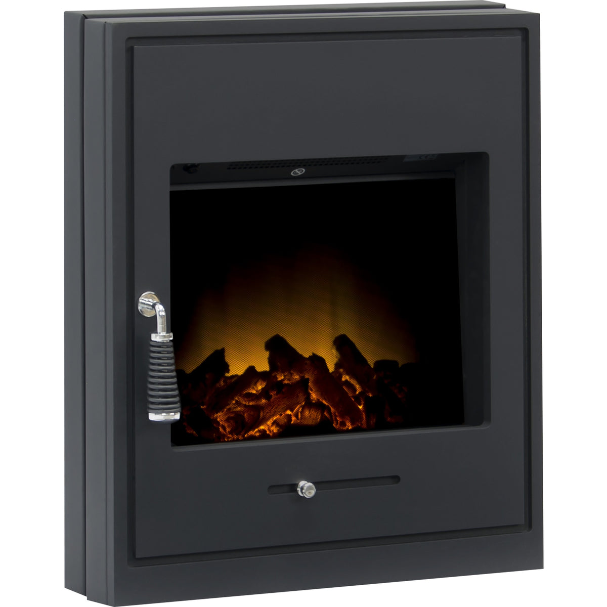 Adam Oslo electric inset stove in black, angled view