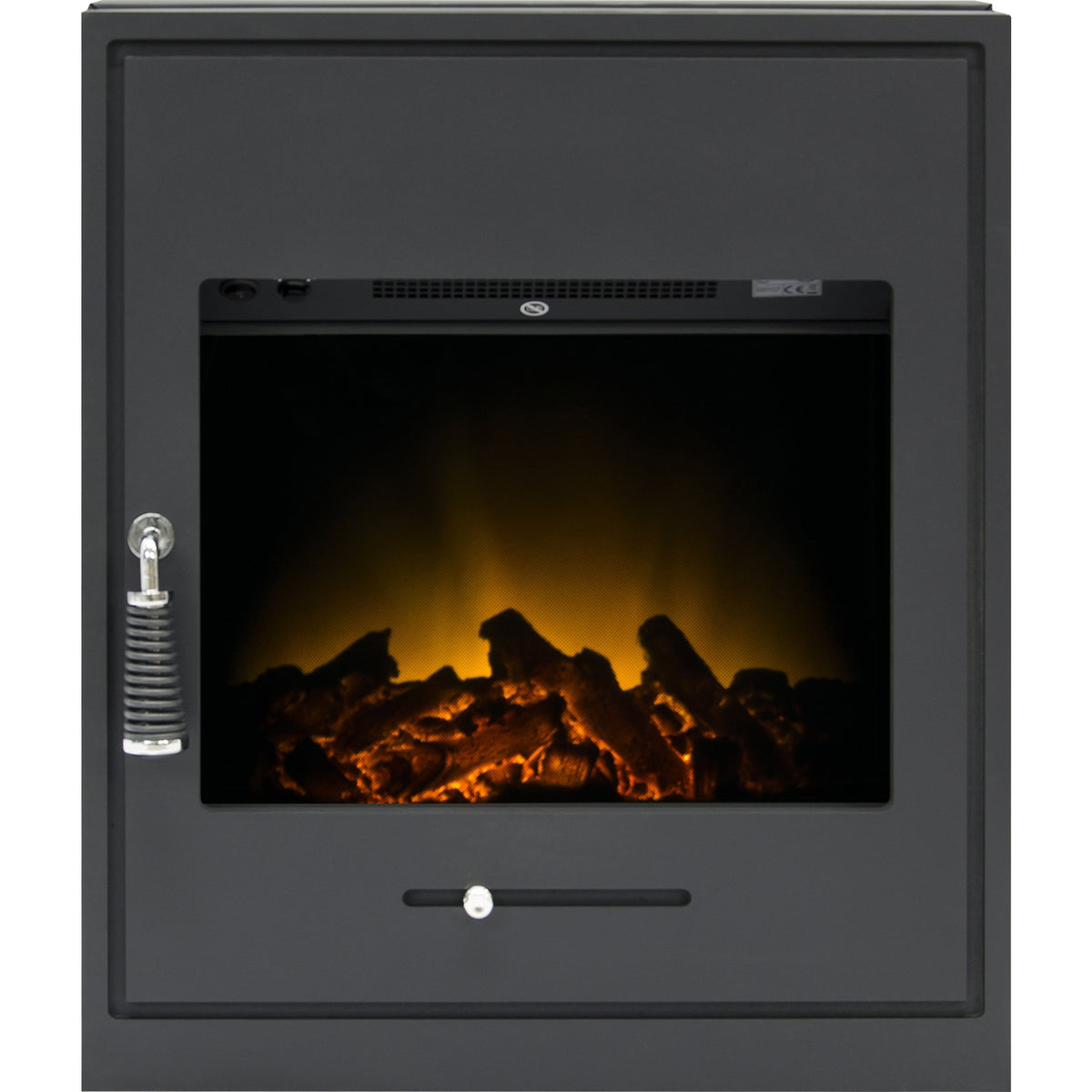 Adam Oslo electric inset stove in black, front view with the flame effect on