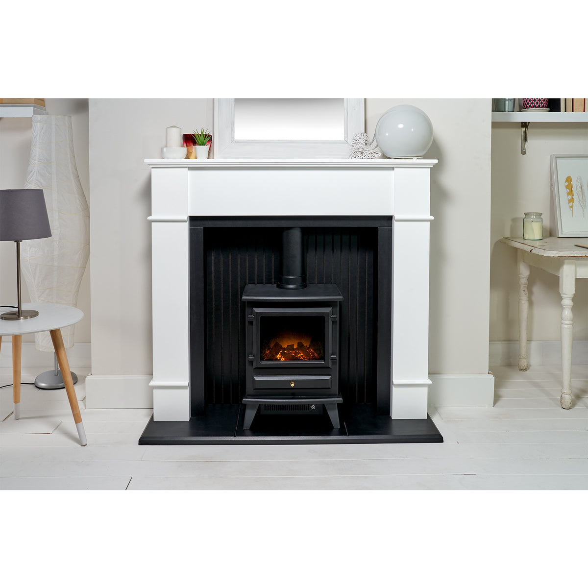Adam Oxford fireplace with Hudson electric stove in a living room