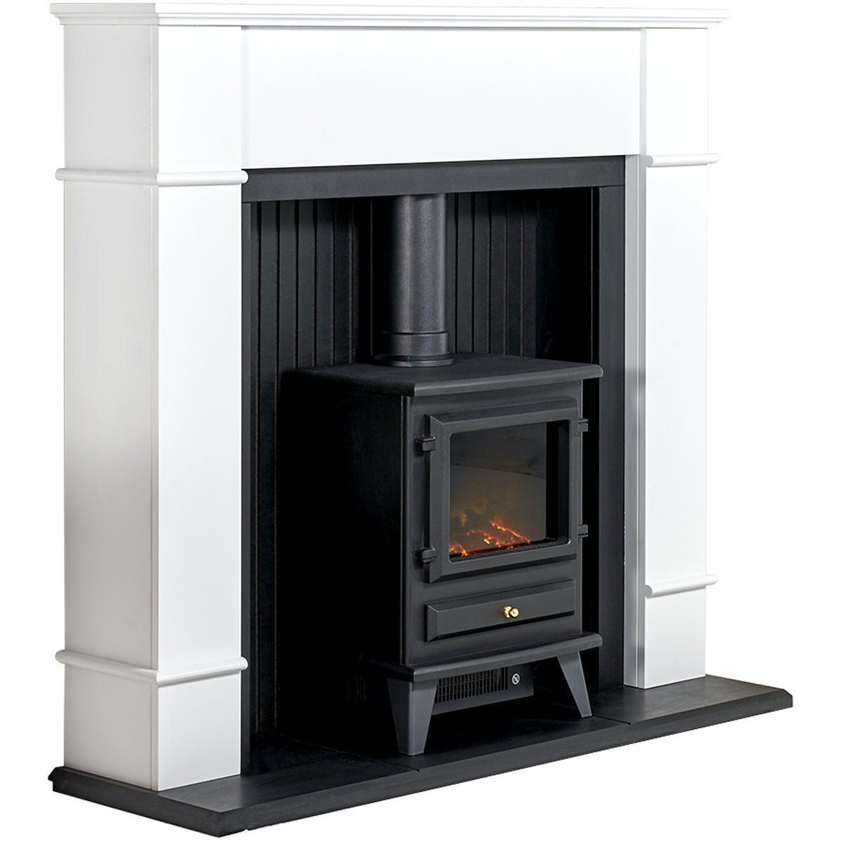 Adam Oxford pure white fireplace with Hudson electric stove, angled view