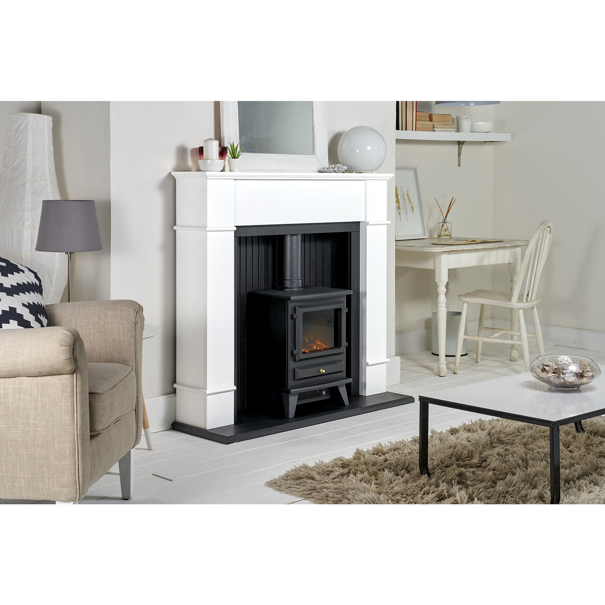 Adam Oxford pure white fireplace and black Hudson stove, room setting