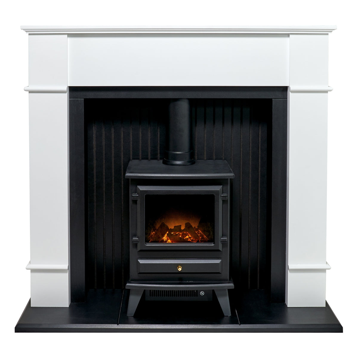 Adam Oxford fireplace in pure white with black Hudson electric stove, front view
