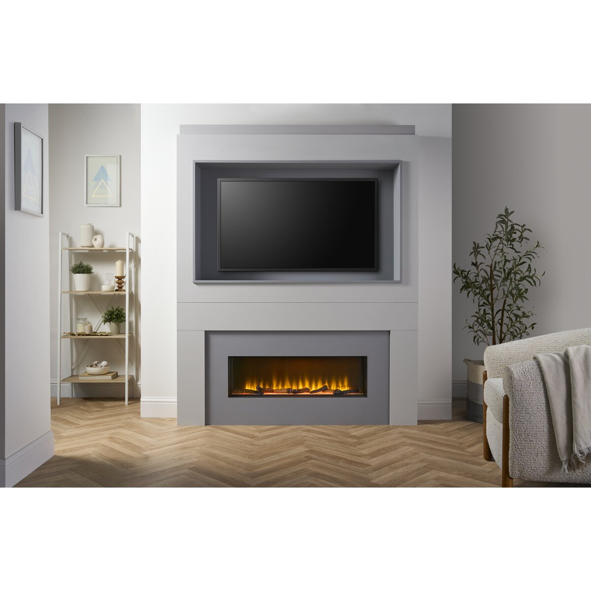 Adam Sahara Pre-Built Fully Inset Media Wall 2 with TV Recess, 2kW Fire