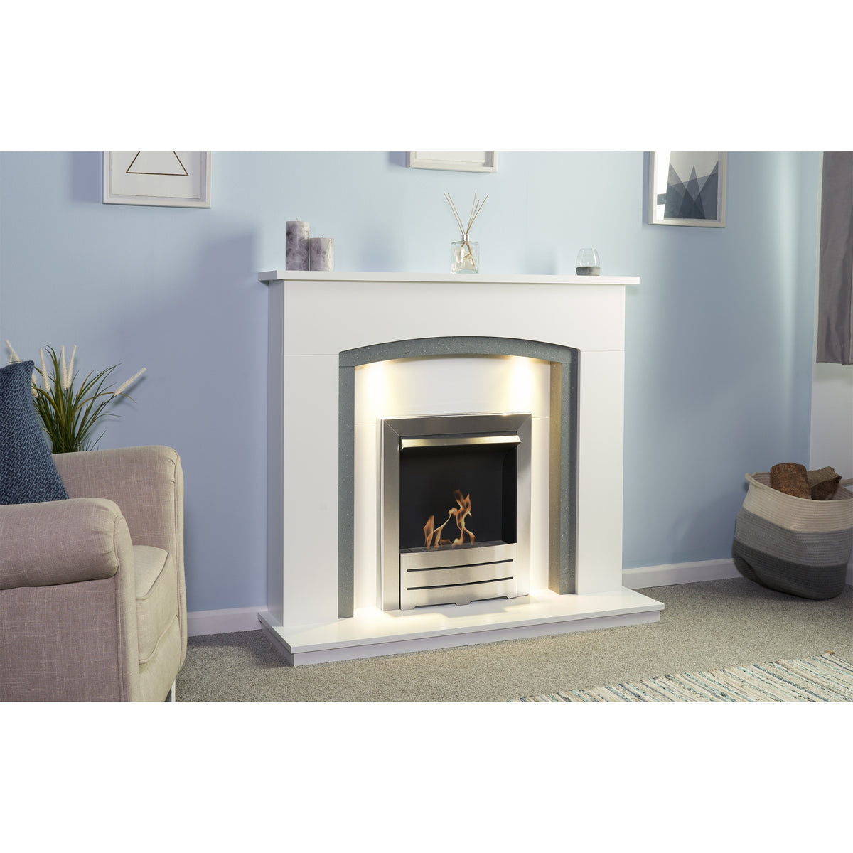 Adam Savanna bioethanol fireplace suite in a living room, seen from an angle