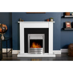 Adam Sutton pure white and black fireplace suite with Colorado fire in a living room