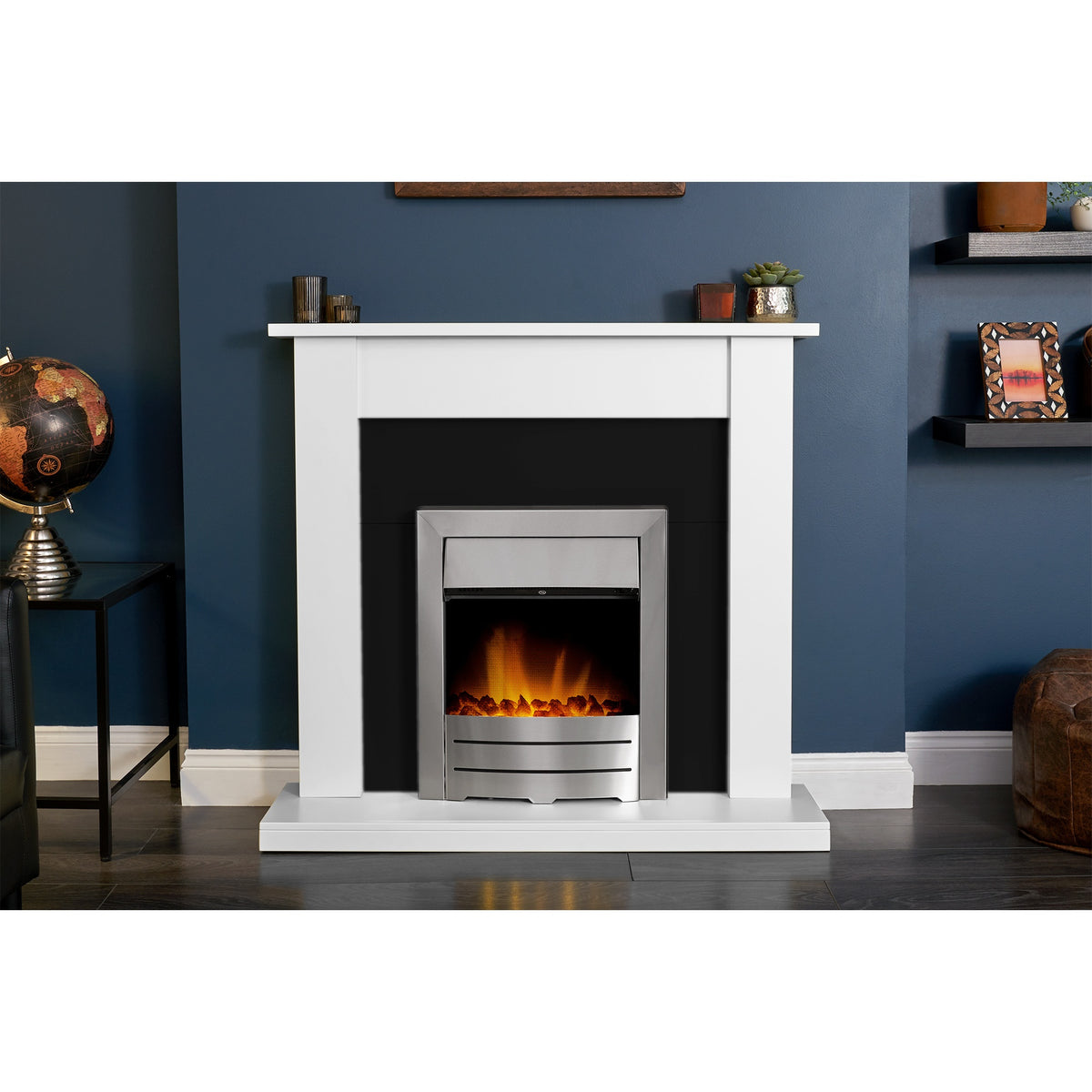 Adam Sutton pure white and black fireplace suite with Colorado fire in a living room