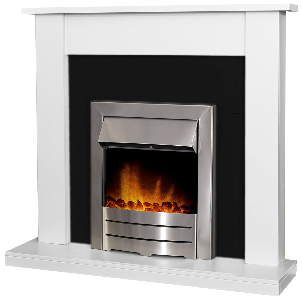 Adam Sutton pure white and black fireplace suite with Colorado fire, angled view