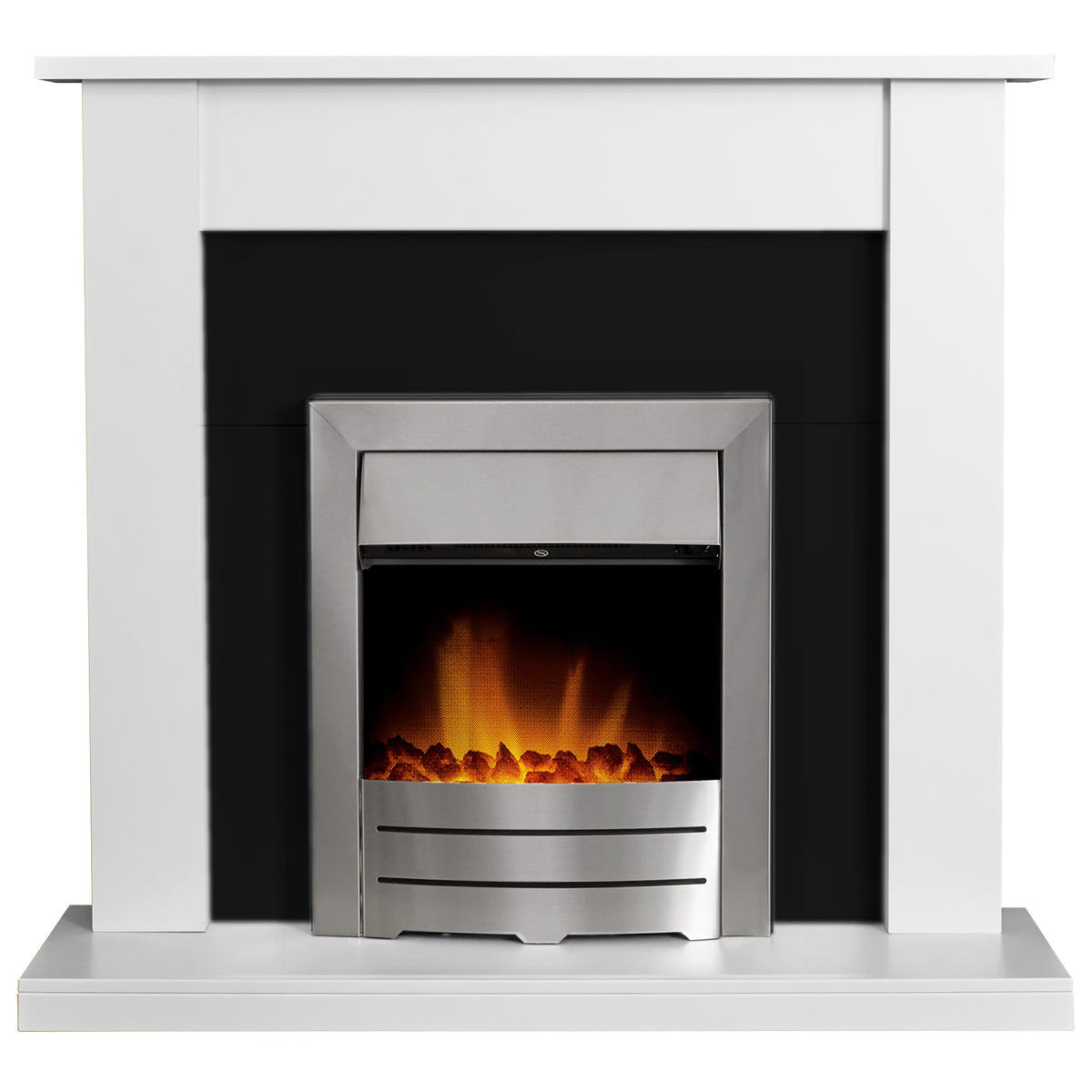Adam Sutton fireplace suite in pure white and black with Colorado electric fire in brushed steel
