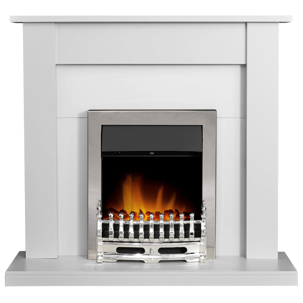 Adam Sutton fireplace suite in pure white with Blenheim electric fire in chrome effect