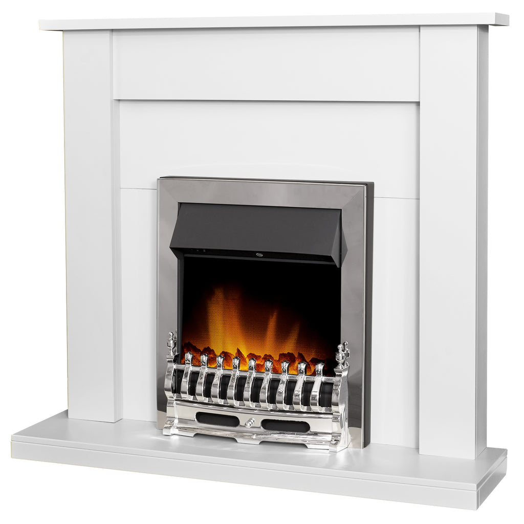 Adam Sutton pure white fireplace suite with Blenheim fire, angled view