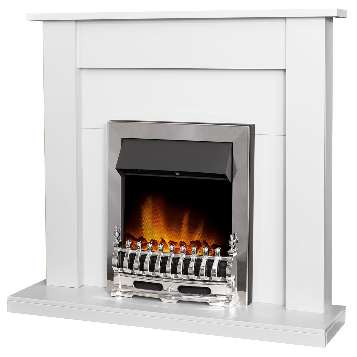 Adam Sutton pure white fireplace suite with Blenheim fire, angled view