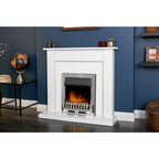 Adam Sutton pure white fireplace suite with Blenheim fire in a living room