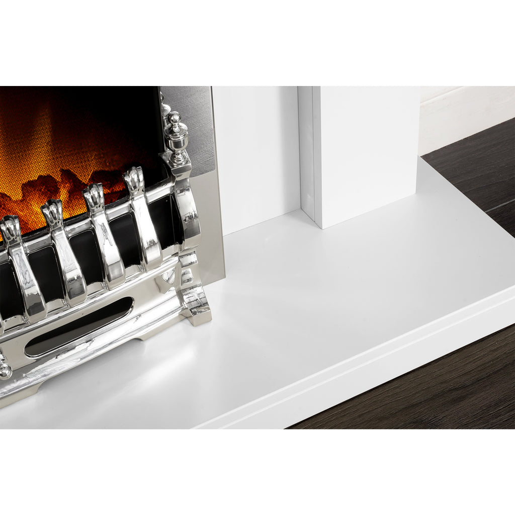 Close-up of the Adam Blenheim fire in chrome effect on the Adam Sutton hearth