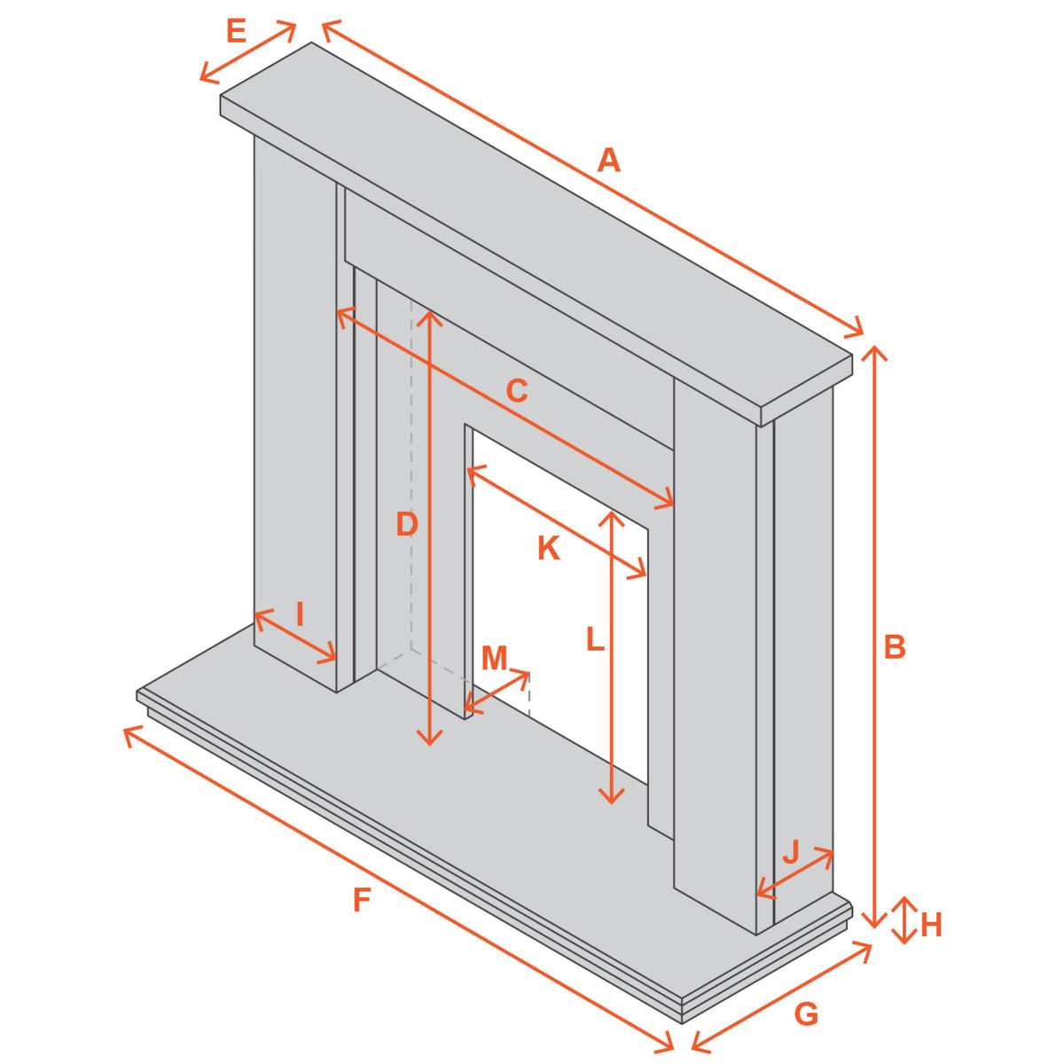 Adam Sutton fireplace suite dimension diagram with lettered measurements