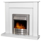 Adam Sutton pure white fireplace suite with Colorado fire, angled view